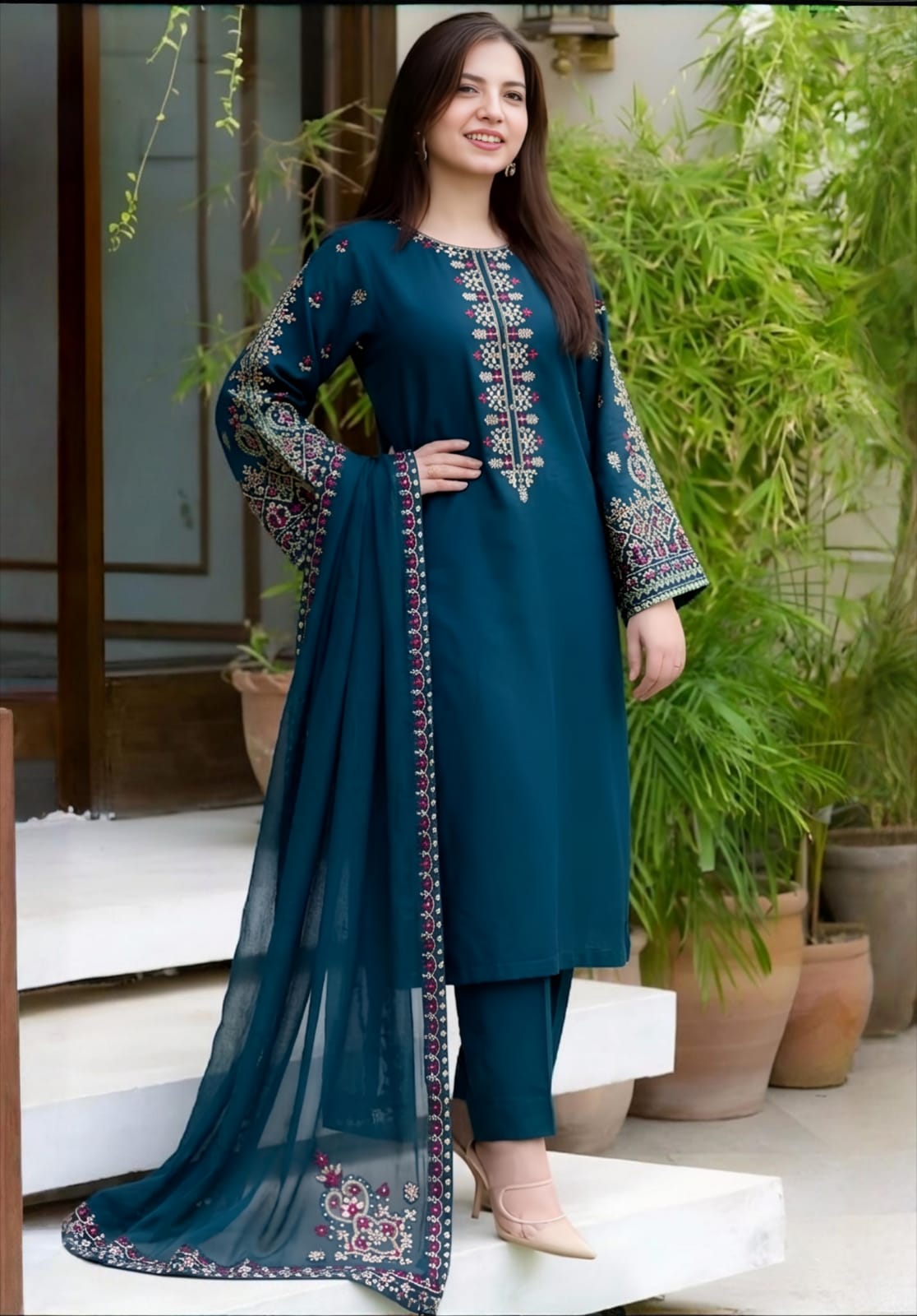 SR-585 Unstitched Embroidered Lawn Suit 3pc With Bamber Chiffon Embroidered Dupatta