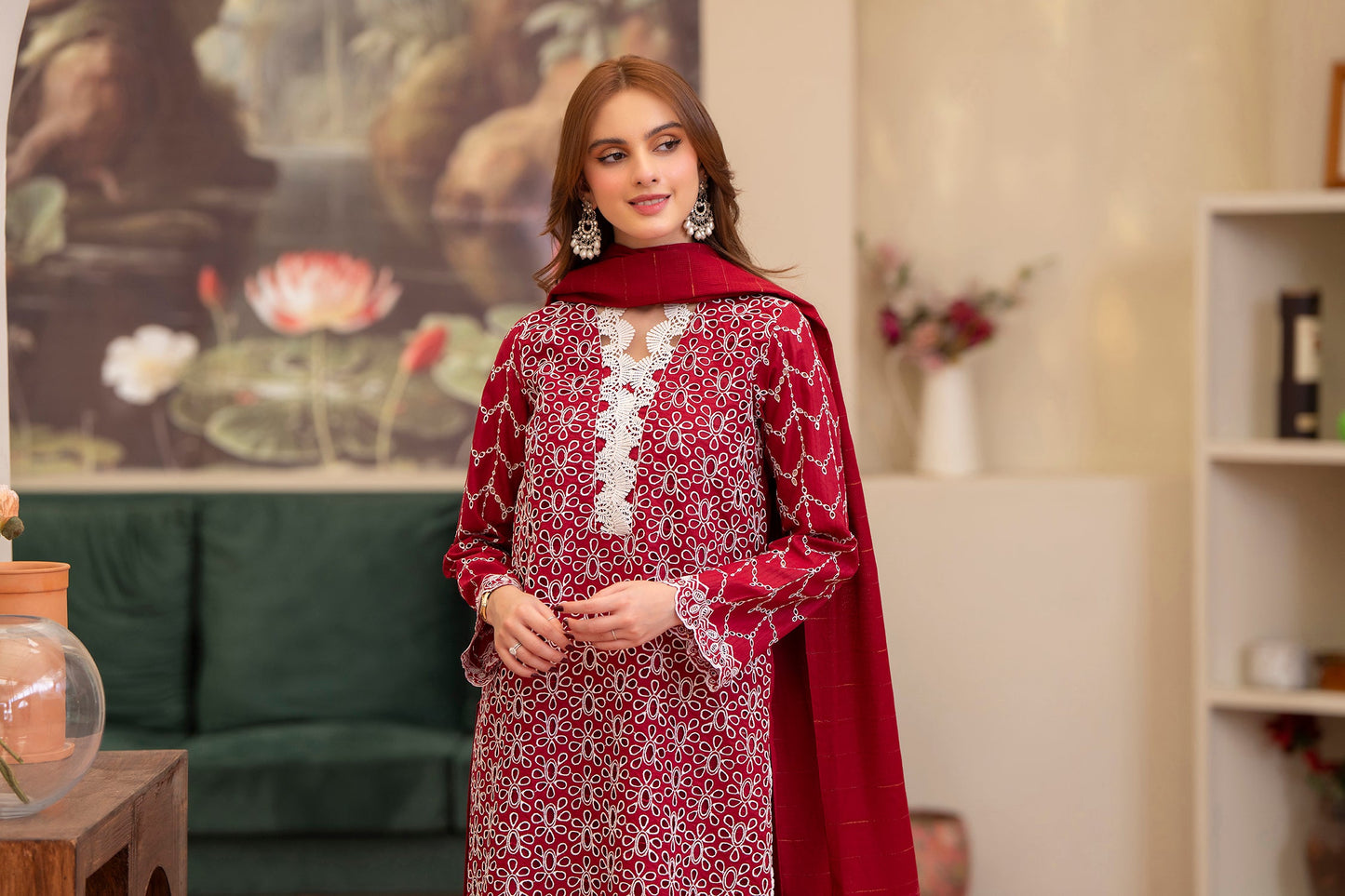 MIRAKHI-3PC LAWN CHIKENKARI EMBROIDERED SHIRT WITH LAWN TUBE SLUB DUPATTA-BIC-2835
