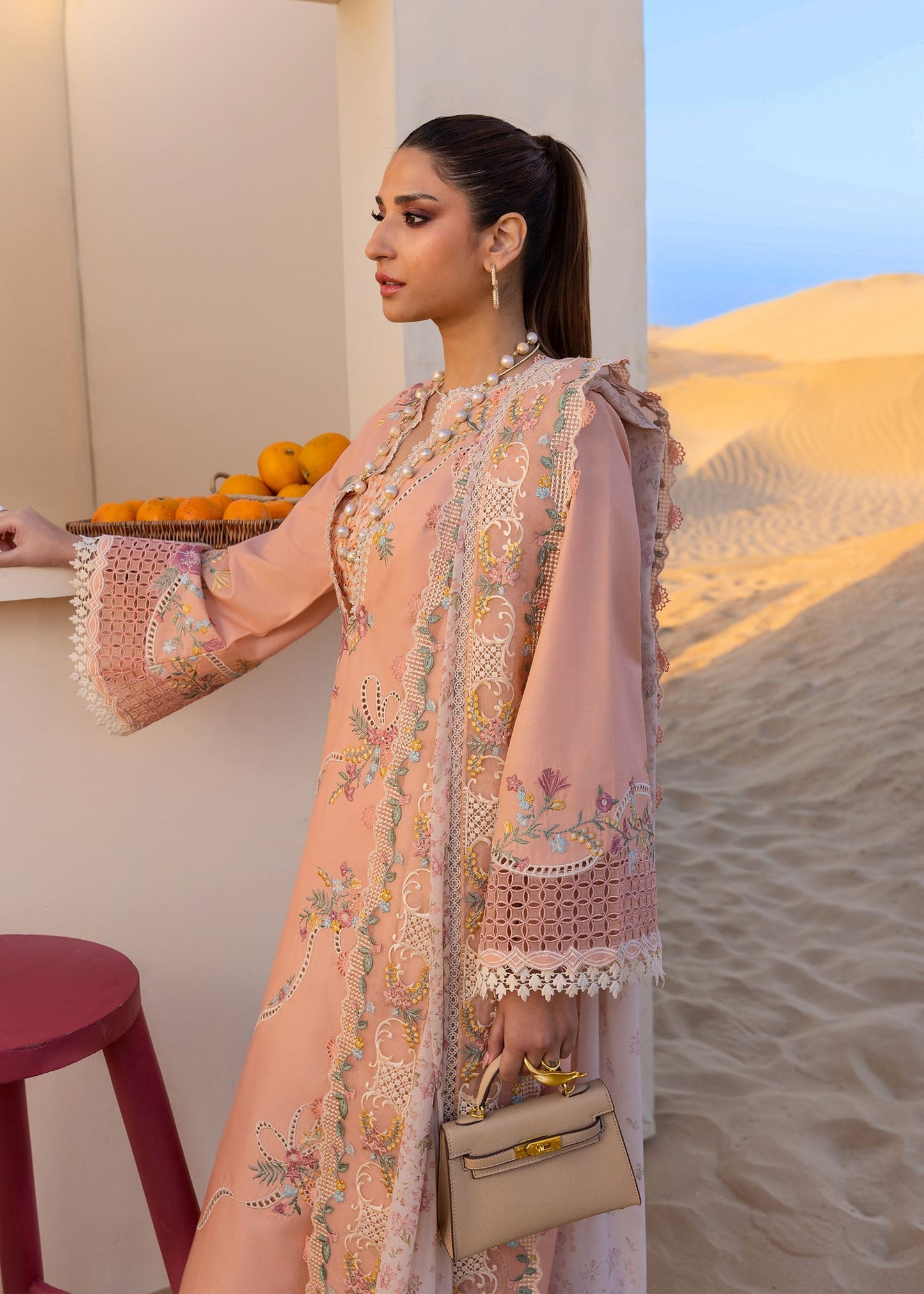 CRIMSON-3PC LAWN CHIKAANKARI EMBROIDERED SHIRT WITH CHIFOON PRINTED EMB DUPATTA AND EMB TROUSER-BIC-4705