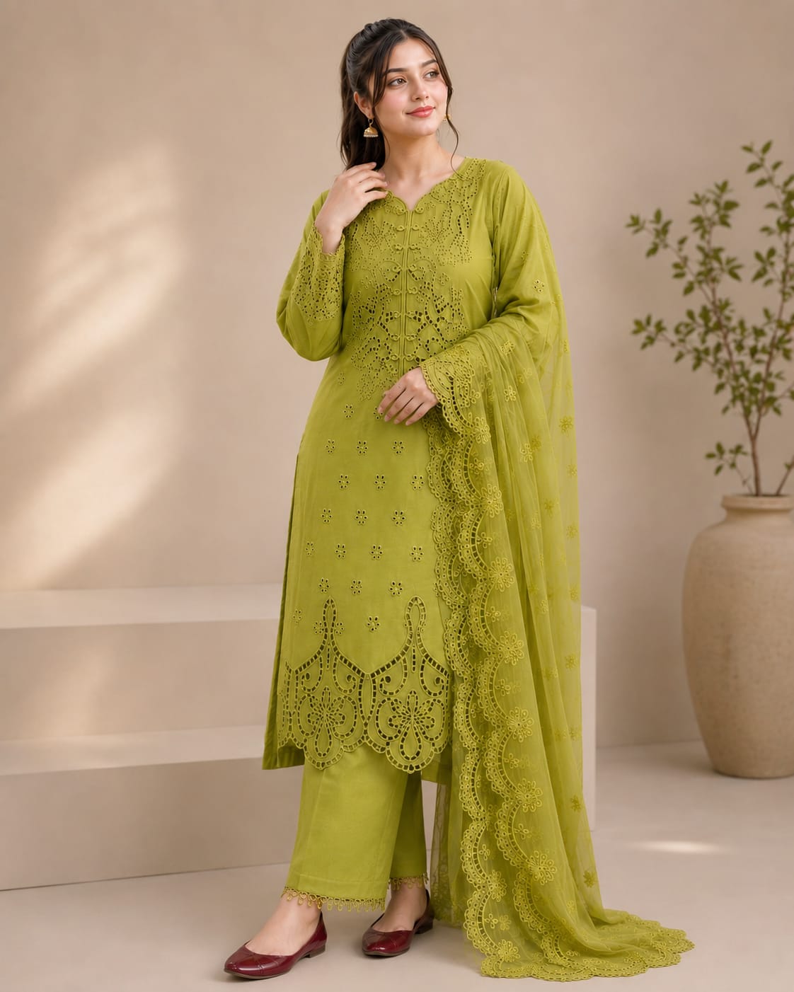 SR-RR2780 Lawn Unstitched Chikenkari 3pc Suit With Cotton Net Embroidered Dupatta