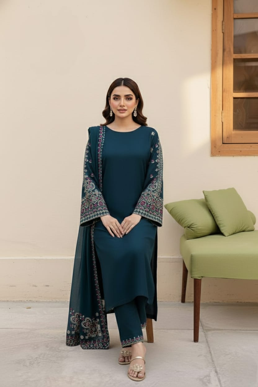 SR-LM479 Unstitched Embroidered Dhanak Suit 3pc With Embroidered Dhanak Shawl
