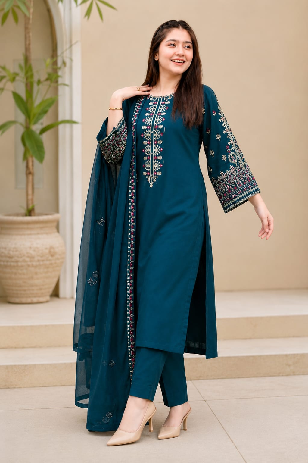 SR-D34 Unstitched Embroidered Lawn Suit 3pc With Bamber Chiffon Embroidered Dupatta