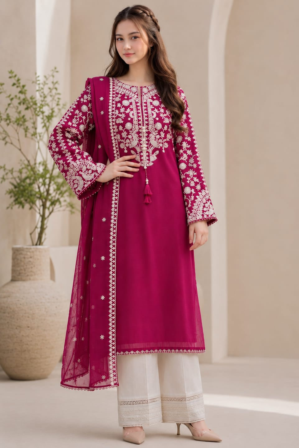 SR-BT2835B Unstitched Fully Embroidered Lawn Suit With Embroidered Bamber Chiffon Dupatta