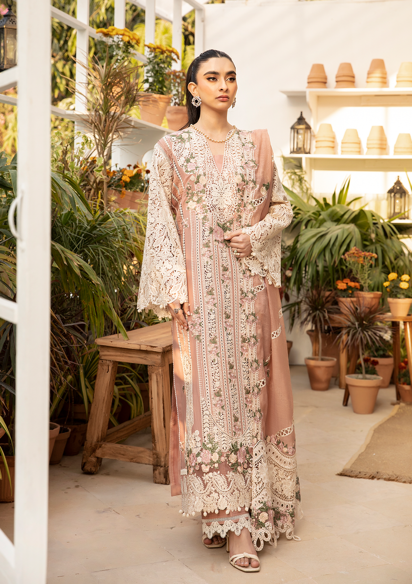 ELAF-3PC LAWN CHIKAN EMBROIDERED SHIRT WITH KHADDI NET EMBROIDERED DUPATTA AND TROUSER-BIC-4767