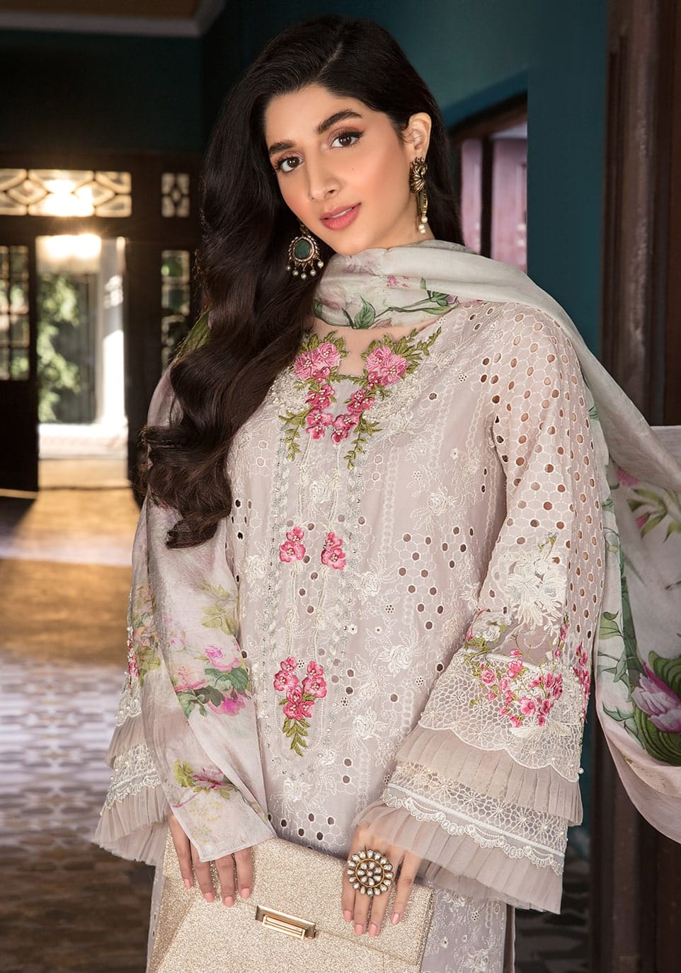 SR-EL12 Lawn Unstitched 3pc Fully Embroidered Suit With Silk Printed Dupatta