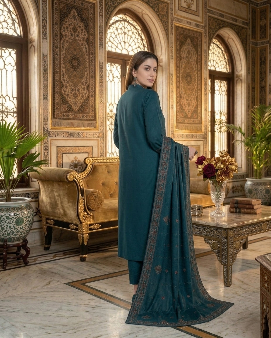 Teal embroidered Dhanak suit - full front standing view