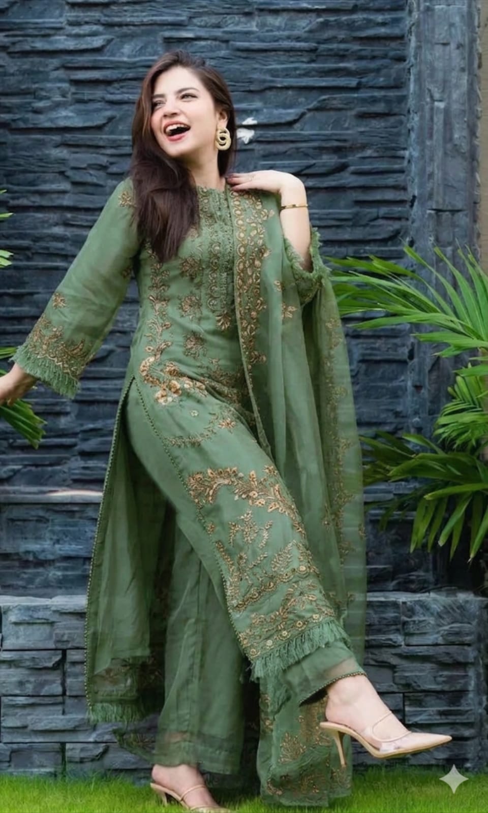 SR-1100 Sage Green Un-Stitched Lawn Embroidered 3pc With Organza Embroidered Dupatta