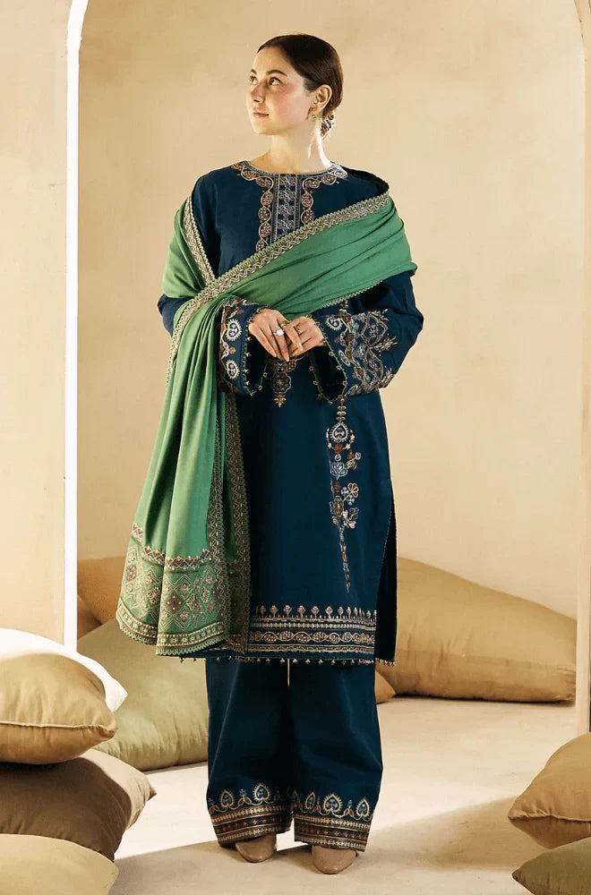 SR-840 Embroidered 3Pc Dhanak Suit With Dhanak Embroidered Dupatta
