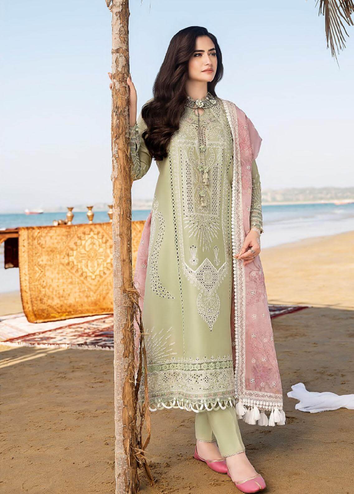 SR-CH10 Embroidered ChickenKari Lawn Suit With Printed Organza Dupatta