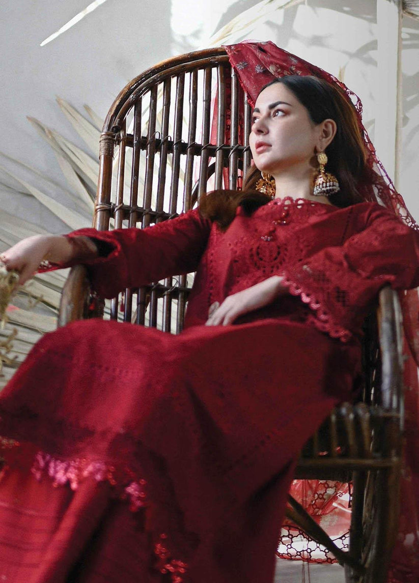 QALAMQAR-3PC LAWN CHIKAANKARI EMBROIDERED SHIRT WITH CHIFFON PRINTED EMB DUPATTA AND TROUSER-BIC-4665