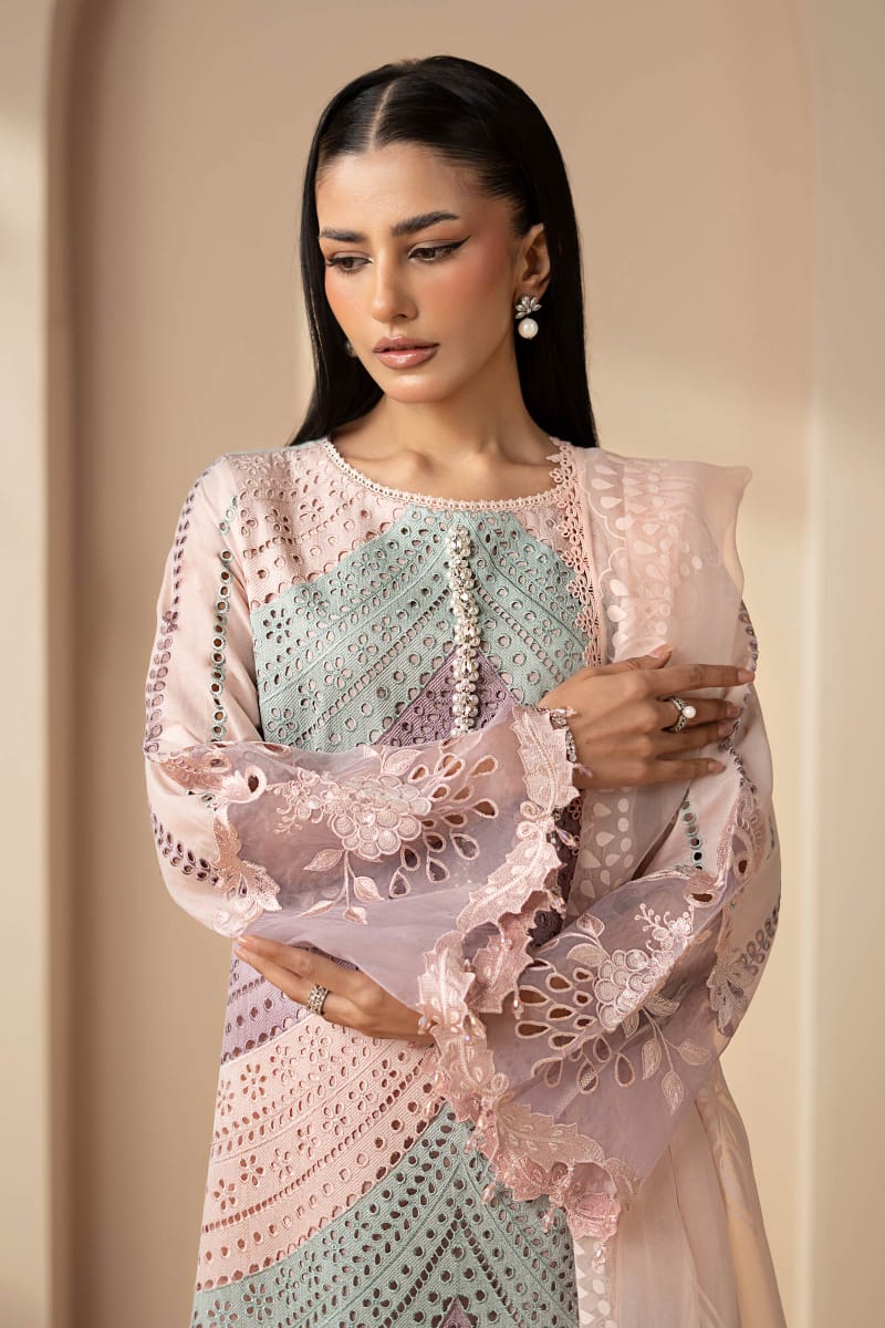 SR-MB2805A Lawn Unstitched Fully Embroidered 3pc Suit With Organza Digital Printed Dupatta With Embroided Four Side Laces