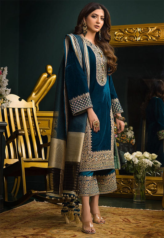 Embroidered 9000 Micro Velvet 3Pc With Organza Printed Dupatta