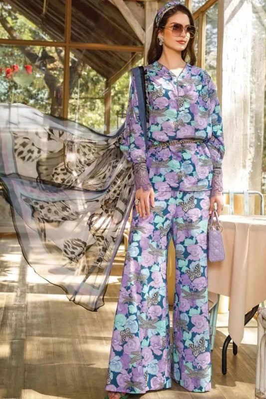 Digital Printed Unstitched Lawn Suit With Digital Printed Silk Dupatta & Embroidery Patches