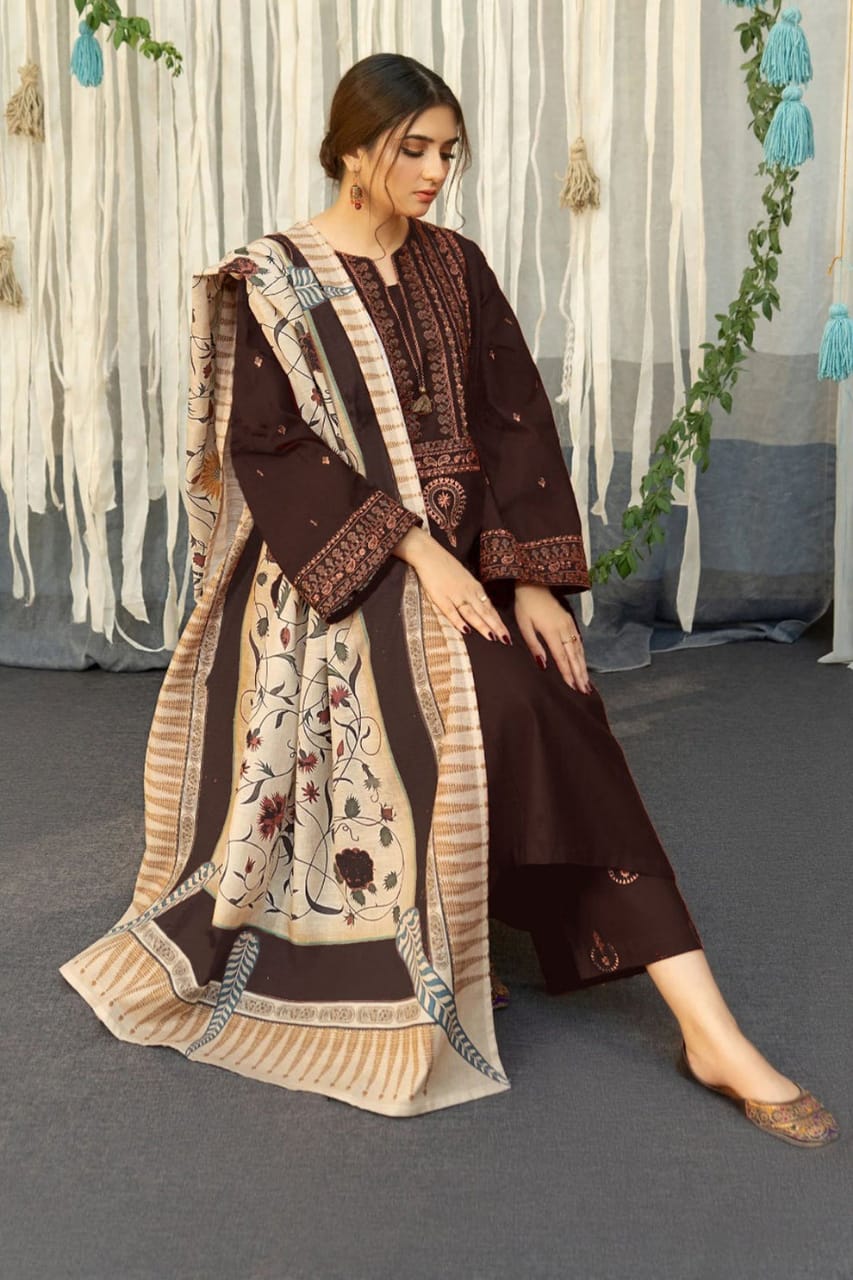 SR-845(B) Dhanak Embroidered Suit With Digital Printed Wool Shawl