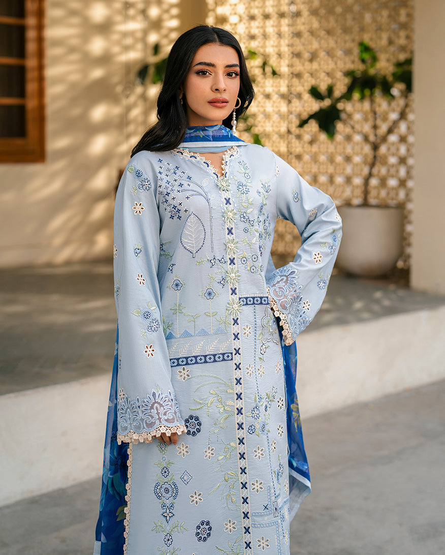 QALAMQAR-3PC LAWN EMBROIDERED SHIRT WITH CHIFFON PRINTED DUPATTA AND EMB TROUSER-BIC-4717