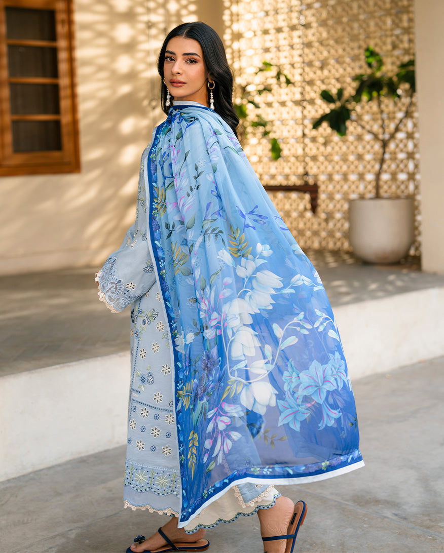 QALAMQAR-3PC LAWN EMBROIDERED SHIRT WITH CHIFFON PRINTED DUPATTA AND EMB TROUSER-BIC-4717