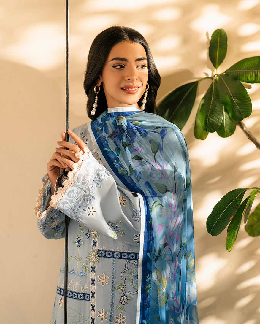 QALAMQAR-3PC LAWN EMBROIDERED SHIRT WITH CHIFFON PRINTED DUPATTA AND EMB TROUSER-BIC-4717