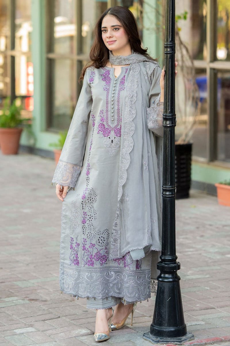 SR-842 Chikenkari Embroidered Lawn Suit 3pc With Embroidered Bamber Chiffon Dupatta