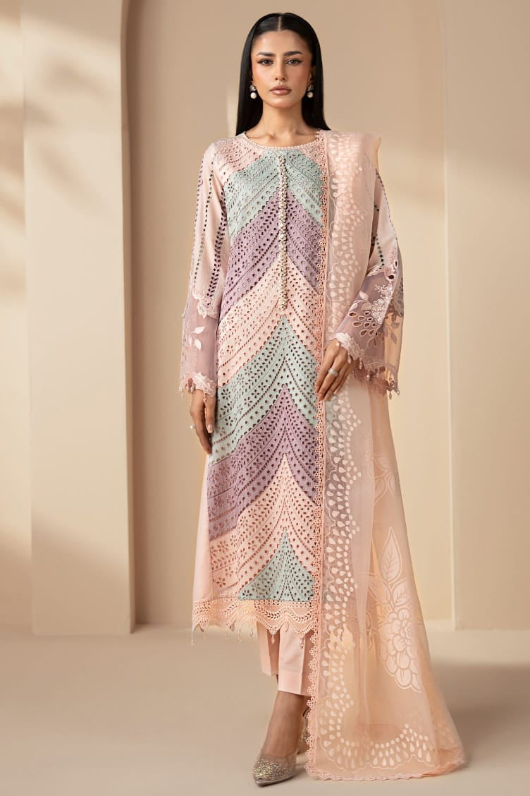 SR-MB2805A Lawn Unstitched Fully Embroidered 3pc Suit With Organza Digital Printed Dupatta With Embroided Four Side Laces