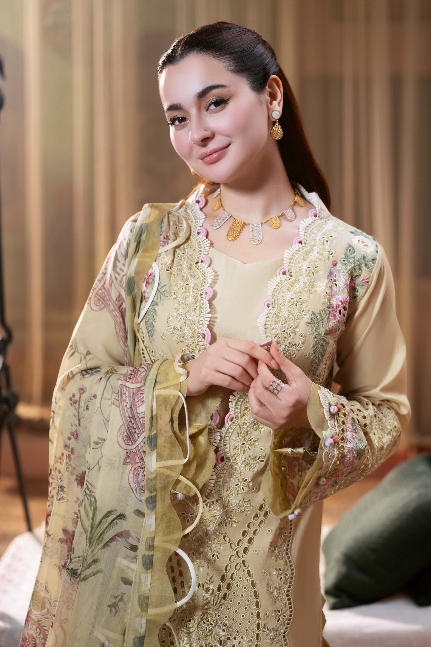 JADE-3PC LAWN CHIKANKARI EMB SHIRT WITH CHIFFON PRINTED DUPATTA AND TROUSER-BIC-4505
