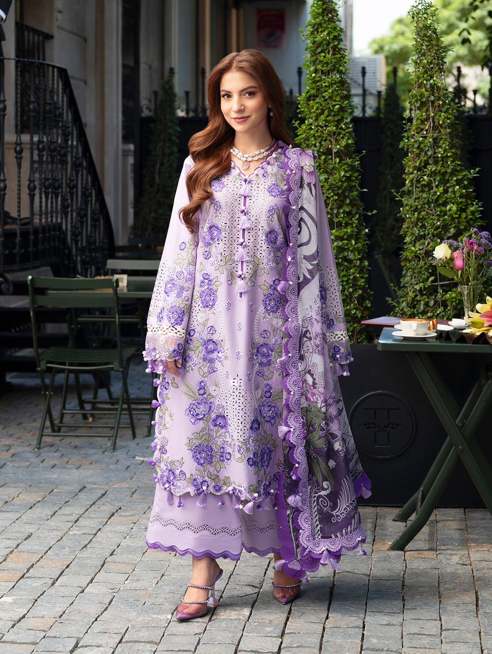 JADE-3PC LAWN CHIKANKAARI EMBROIDERED SHIRT WITH CHIFFON PRINTED DUPATTA AND TROUSER-BIC-4794