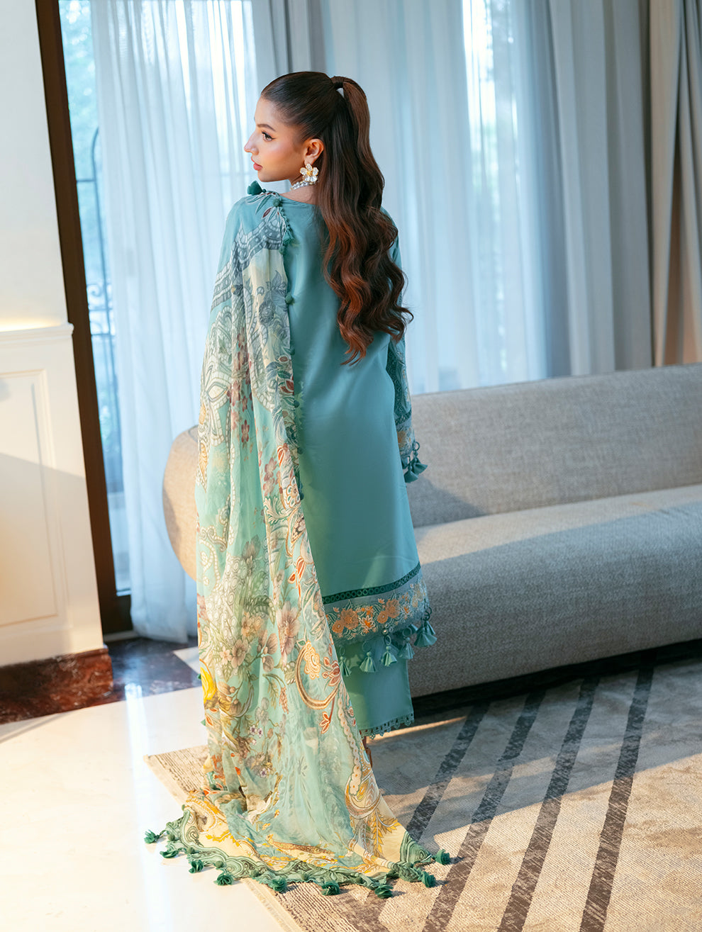 JADE-3PC LAWN CHIKANKAARI EMBROIDERED SHIRT WITH CHIFFON PRINTED DUPATTA AND TROUSER-BIC-4788