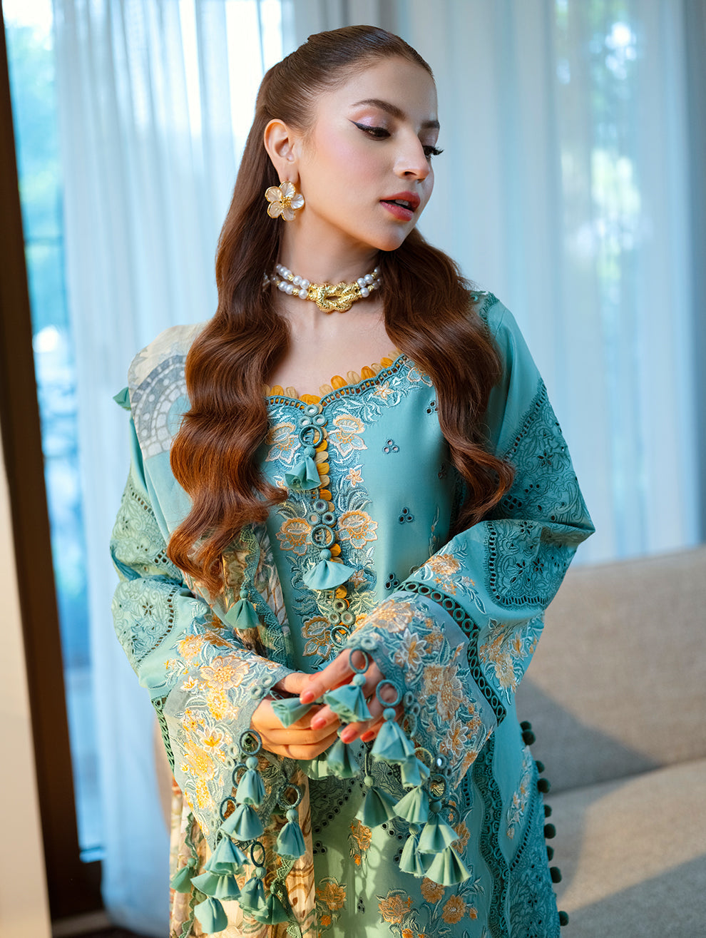 JADE-3PC LAWN CHIKANKAARI EMBROIDERED SHIRT WITH CHIFFON PRINTED DUPATTA AND TROUSER-BIC-4788