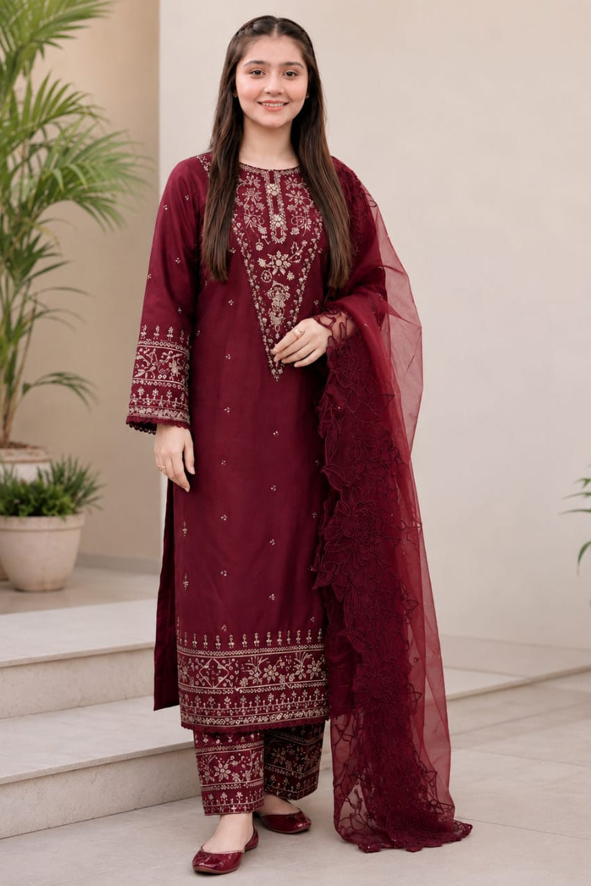 SR-2685 Lawn Unstitched Embroidered 3pc Suit With Organza Embroidered Cutwork Dupatta