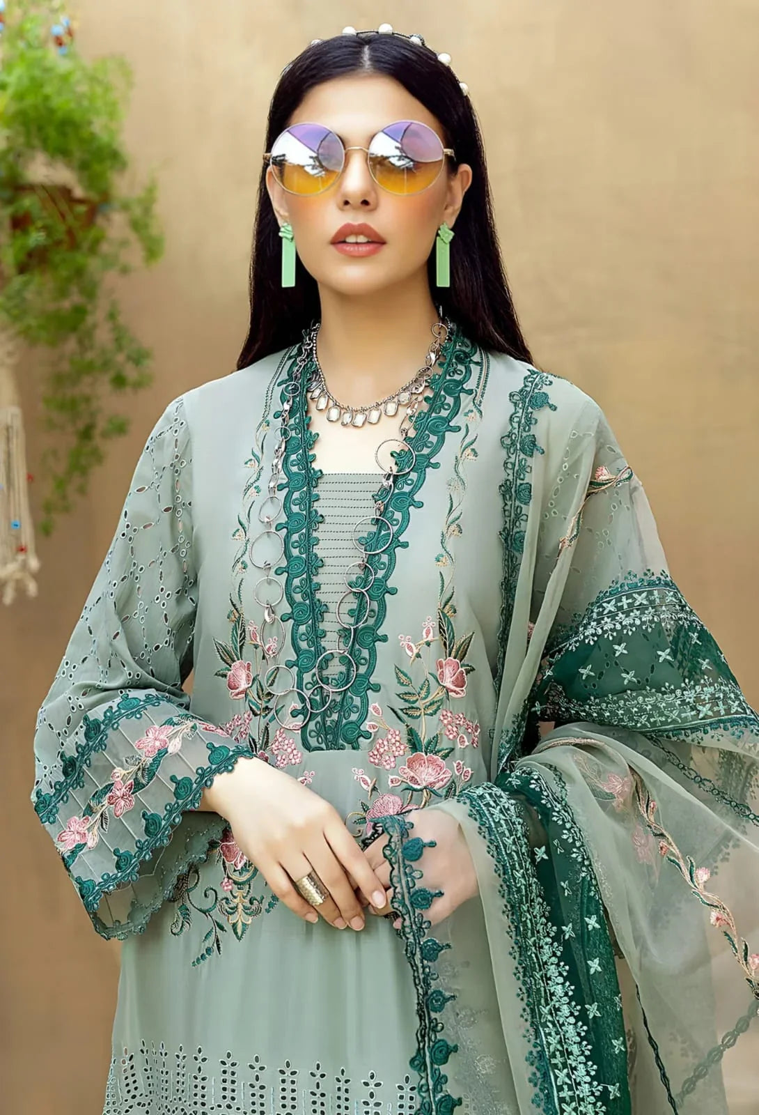 SR-LM16 Lawn Unstitched Embroidered 3pc Suit With Organza Embroidered Dupatta
