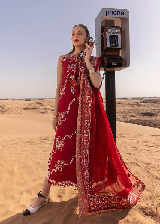 CRIMSON-3PC LAWN CHIKAANKARI EMBROIDERED SHIRT WITH CHIFOON PRINTED DUPATTA AND EMB TROUSER-BIC-4623
