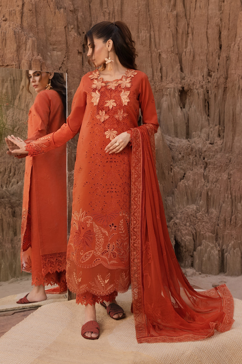 RANG RASIYA-3PC LAWN CHIKANKARI EMB SHIRT WITH ORGANZA EMB DUPATTA AND EMB TROUSER-BIC-4520