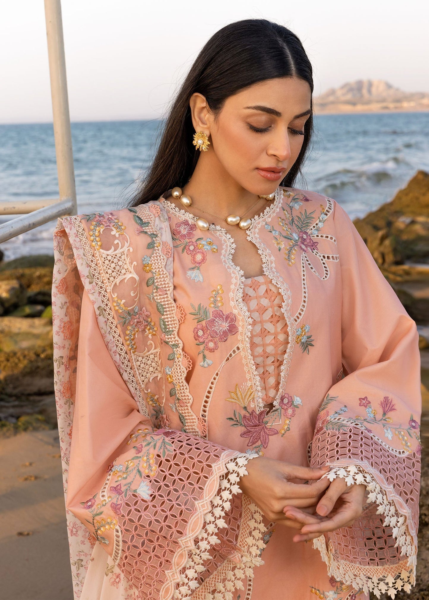 CRIMSON-3PC LAWN CHIKAANKARI EMBROIDERED SHIRT WITH CHIFOON PRINTED EMB DUPATTA AND EMB TROUSER-BIC-4705
