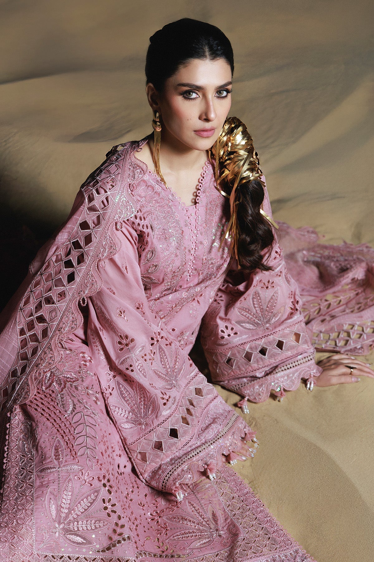 NUREH-3PC LAWN SEQUIN CHIKANKAARI EMBROIDERED SHIRT WITH KHADDI NET EMBROIDERED DUPATTA AND TROUSER-BIC-4800