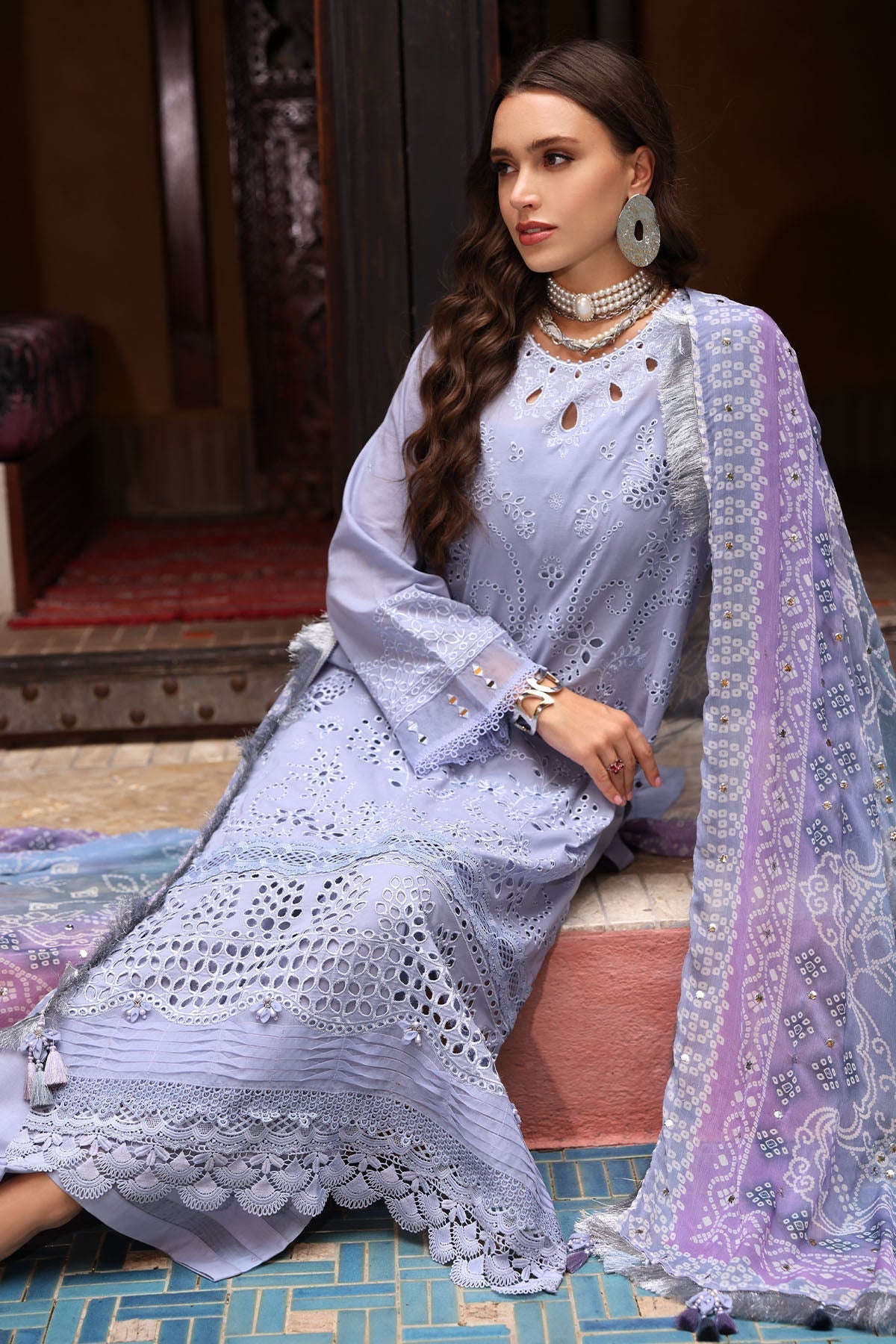 NUREH-3PC LAWN CHIKANKAARI EMBROIDERED SHIRT WITH CHIFFON PRINTED DUPATTA AND TRPUSER-BIC-4553