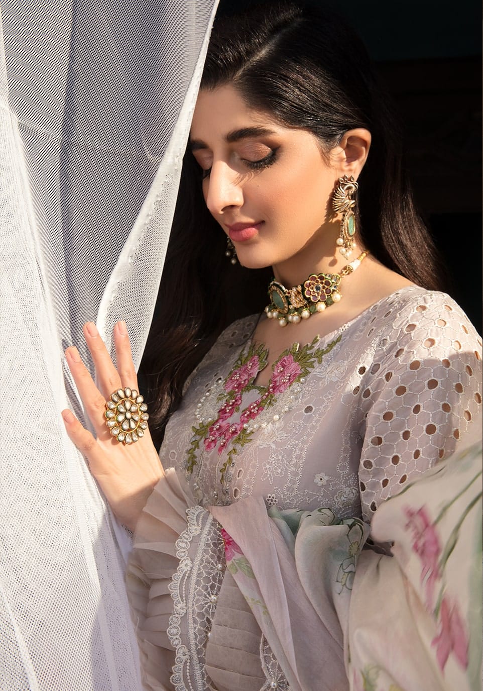 SR-EL12 Lawn Unstitched 3pc Fully Embroidered Suit With Silk Printed Dupatta