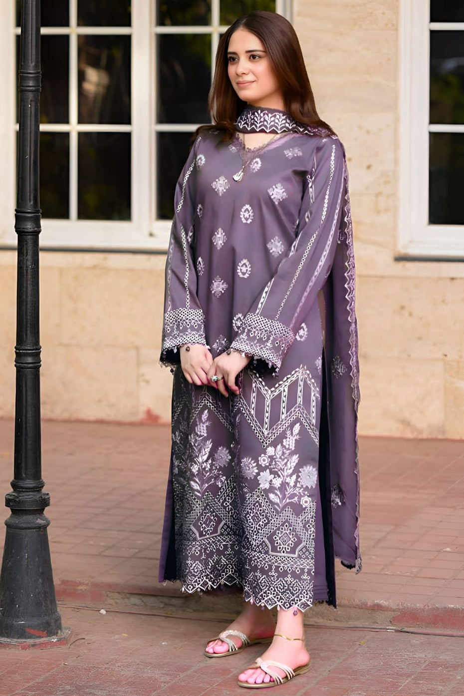 SR-NS915 Unstitched Fully Embroidered Lawn Suit With Bamber Embroidered Dupatta