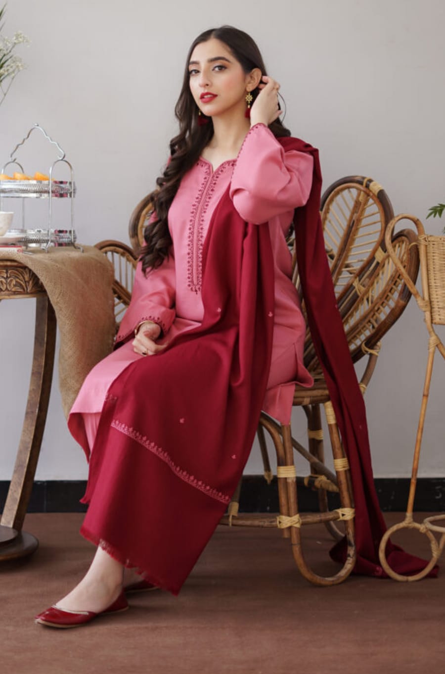 SR-AS15 Unstitched Fully Embroidered Dhanak Suit With Dhanak Shawl