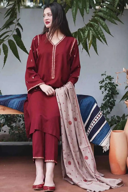 Unstitched Heavy Embroidered Dhanak Suit Embroidered Dhanak Shawl