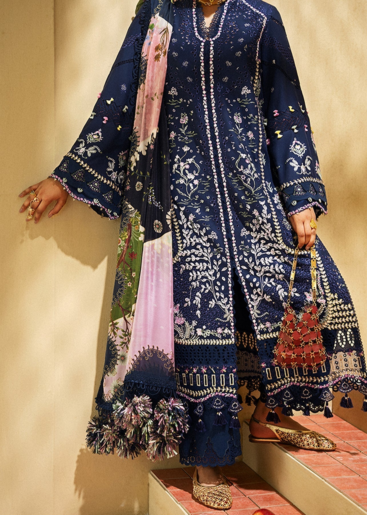 SUFFUSE-3PC LAWN CHIKAN EMBROIDERED SHIRT WITH CHIFFON PRINTED DUPATTA AND TROUSER-BIC-4731