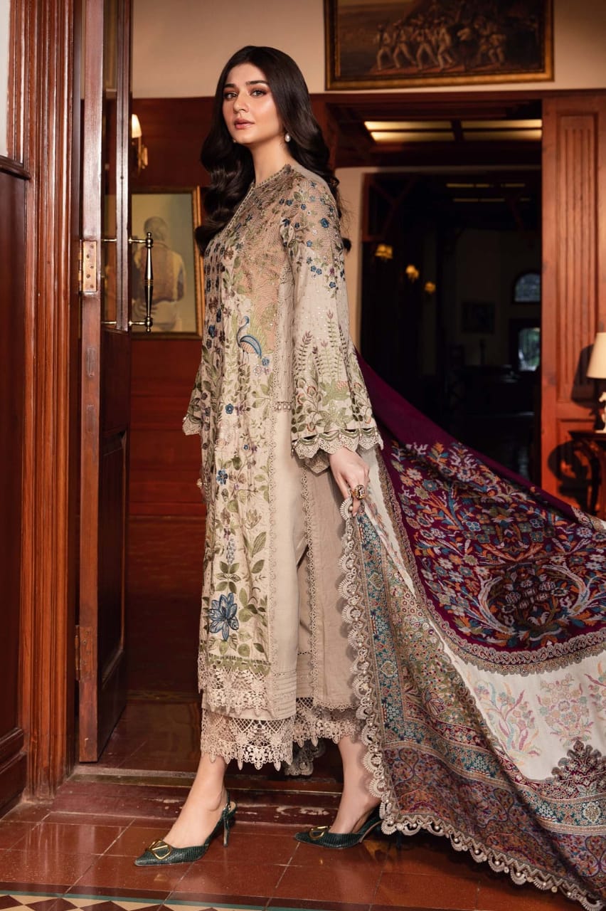SR-MB555 Dhanak Embroidered Suit With Digital Printed Woolen Shawl