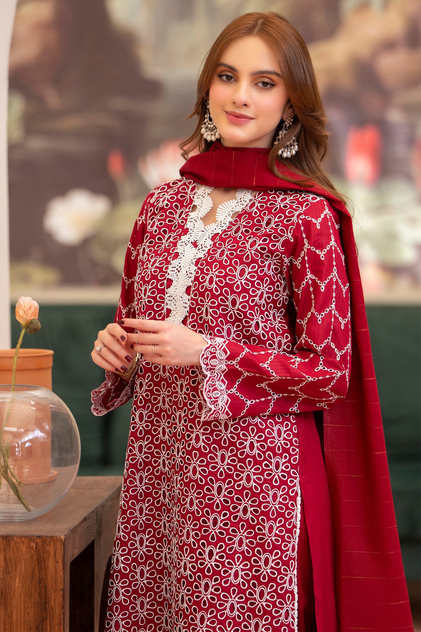 MIRAKHI-3PC LAWN CHIKENKARI EMBROIDERED SHIRT WITH LAWN TUBE SLUB DUPATTA-BIC-2835