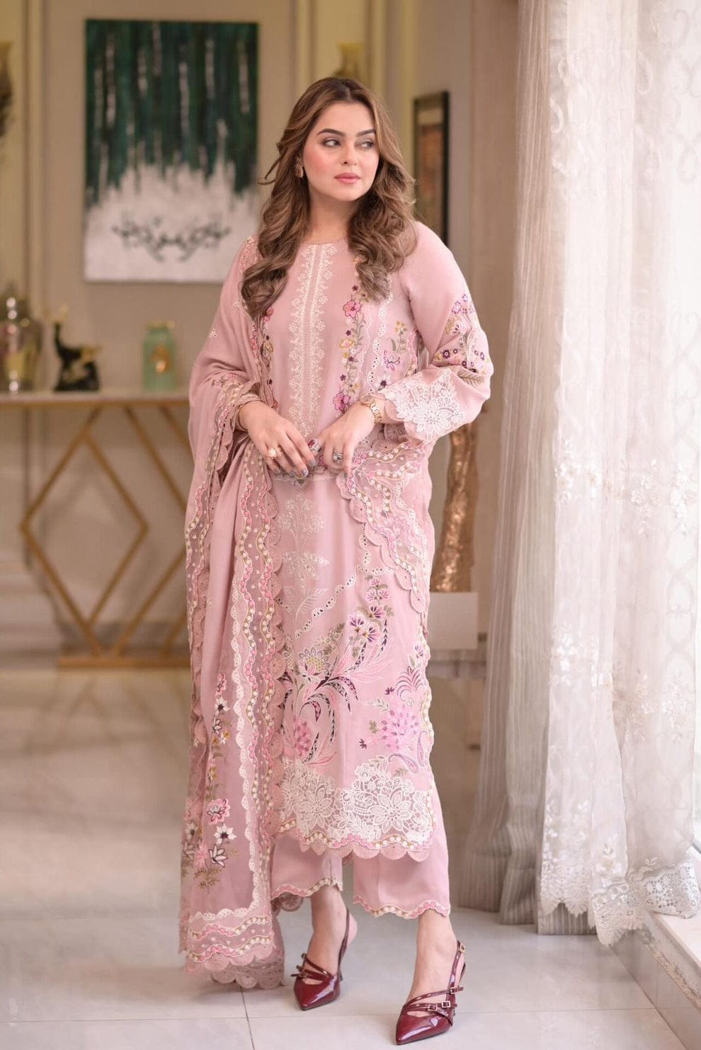 SR-AS2735 Lawn Unstitched Embroidered 3pc Suit With Lawn Embroidered Dupatta