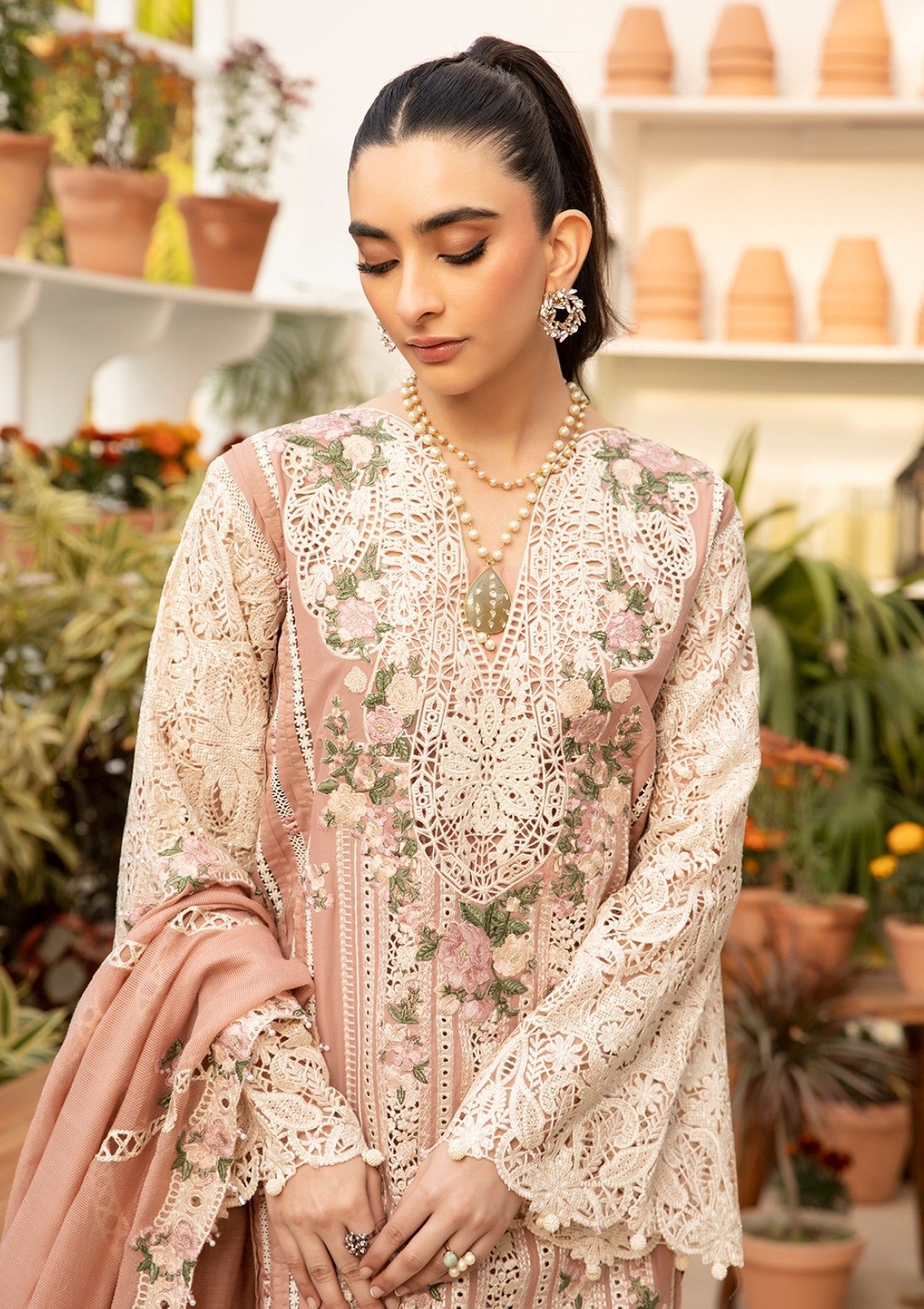ELAF-3PC LAWN CHIKAN EMBROIDERED SHIRT WITH KHADDI NET EMBROIDERED DUPATTA AND TROUSER-BIC-4767