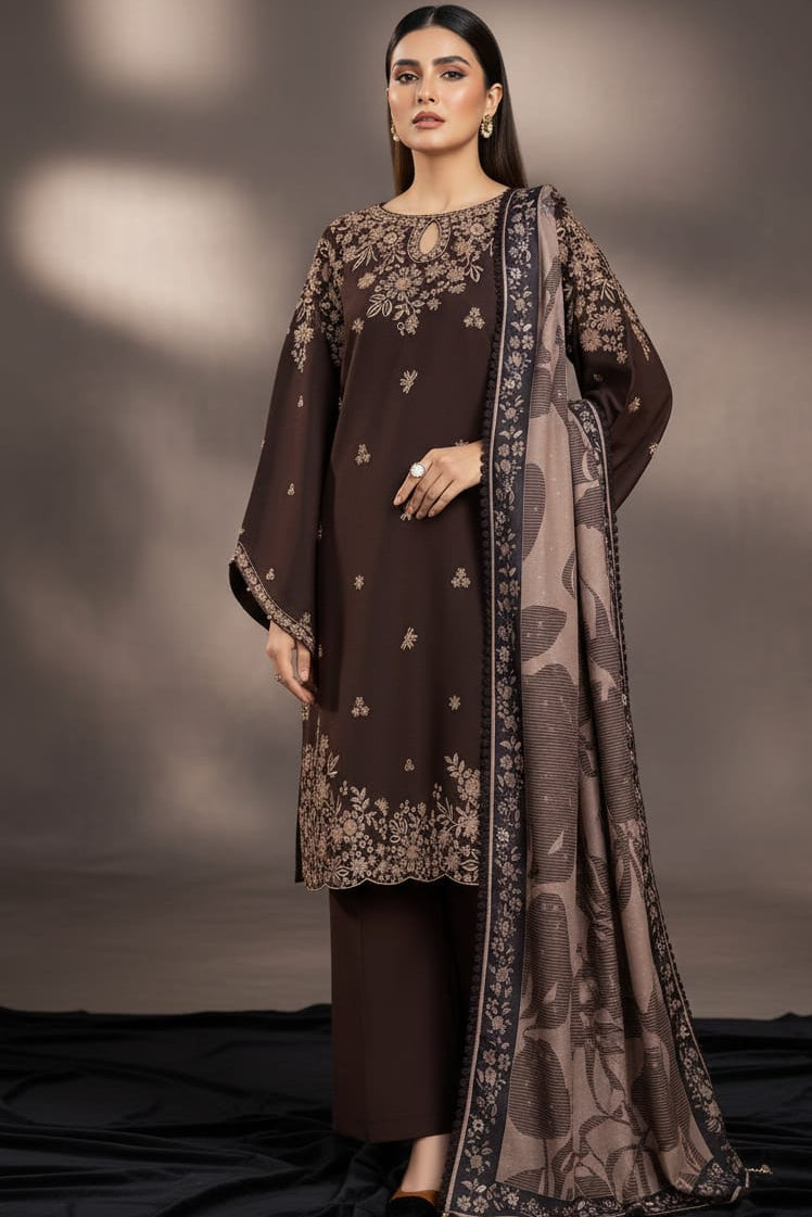 SR-BQ140 Dhanak Embroidered Suit With Digital Printed Wool Shawl