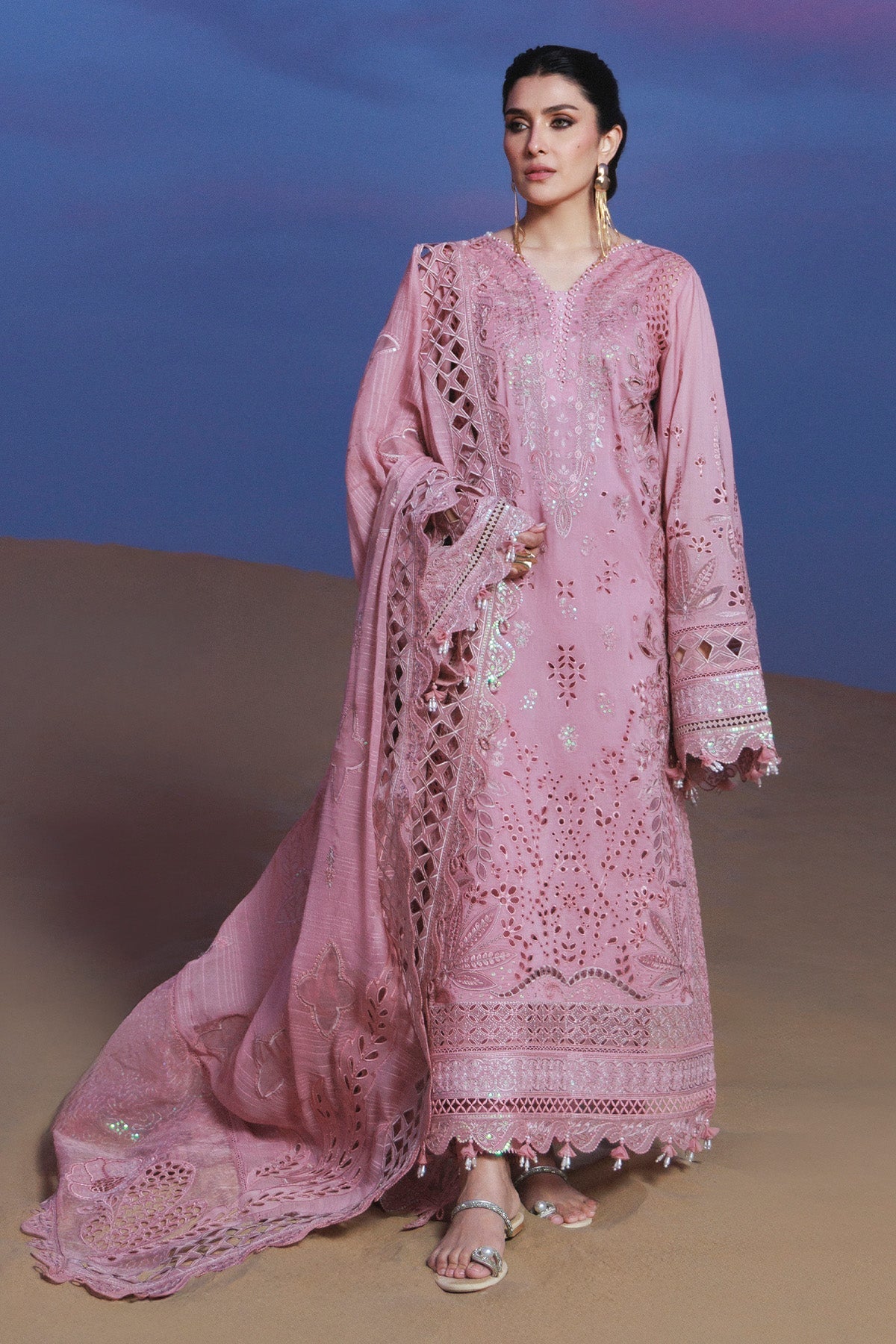 NUREH-3PC LAWN SEQUIN CHIKANKAARI EMBROIDERED SHIRT WITH KHADDI NET EMBROIDERED DUPATTA AND TROUSER-BIC-4800