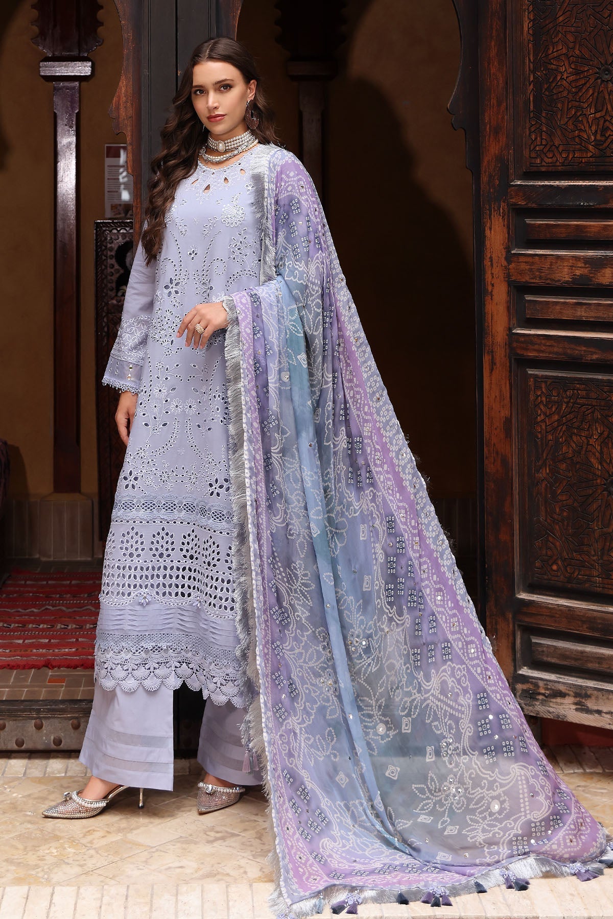 NUREH-3PC LAWN CHIKANKAARI EMBROIDERED SHIRT WITH CHIFFON PRINTED DUPATTA AND TRPUSER-BIC-4553