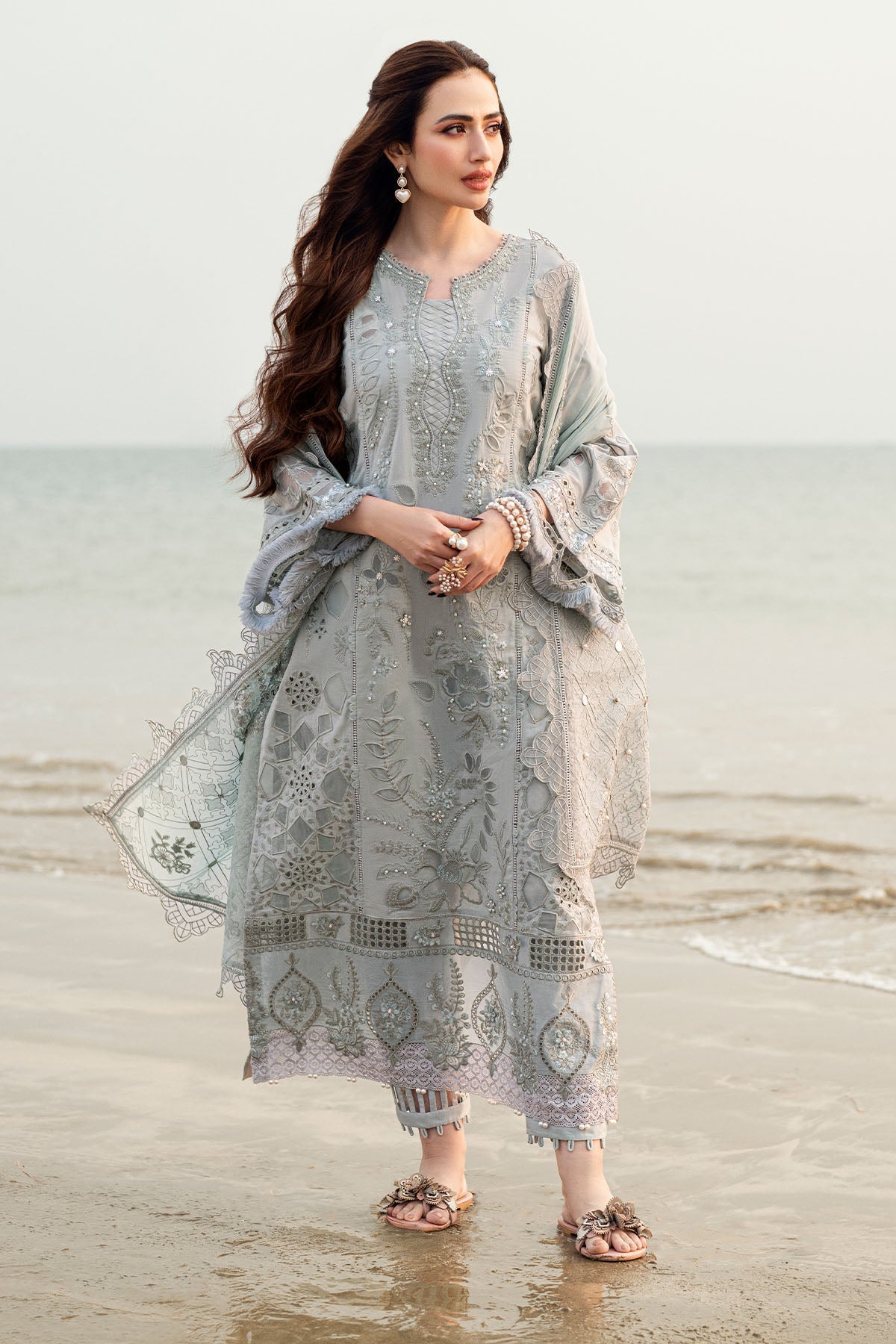 NUREH-3PC LAWN LASER WORK EMBROIDERED SHIRT WITH KHADDI NET EMBROIDERED DUPATTA & TROUSER-BIC-4746