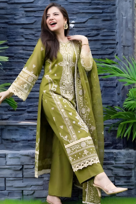 SR-590 Unstitched Heavy Embroidered Lawn Suit With Embroidered Bamber Chiffon Dupatta