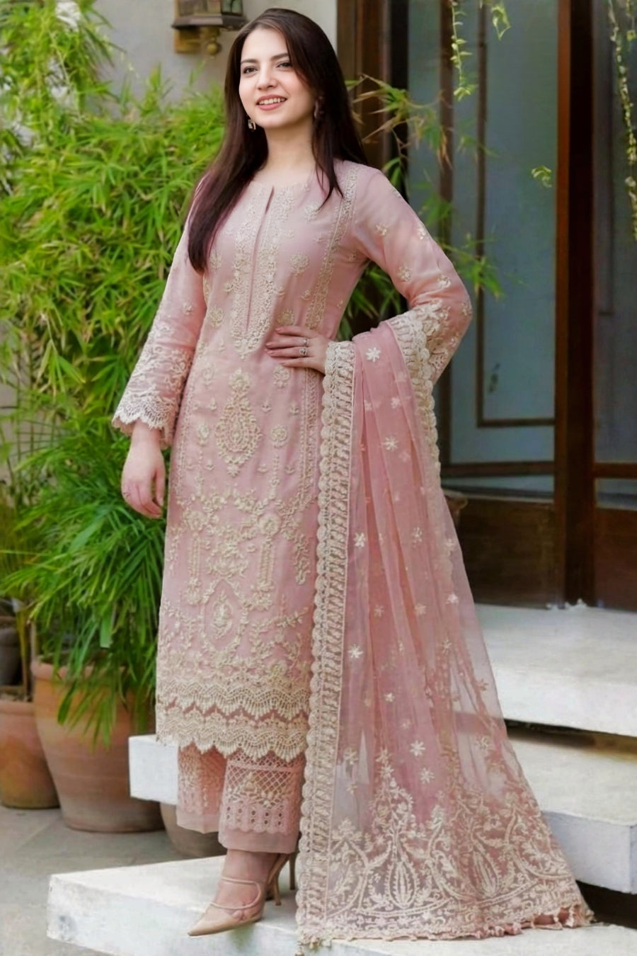SR-LM54 3Pc Unstitched Embroidered Lawn Suit With Organza Embroidered Dupatta