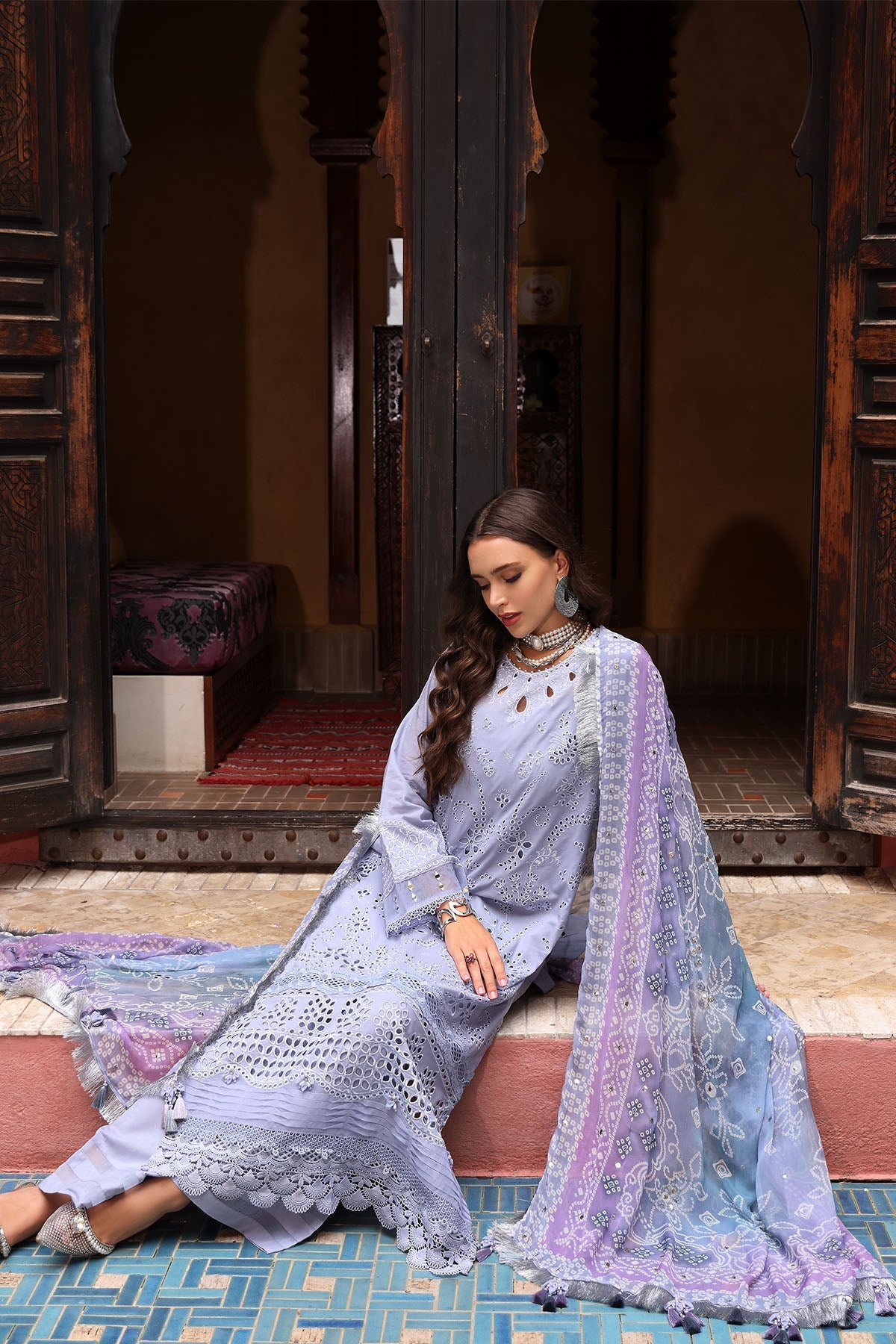 NUREH-3PC LAWN CHIKANKAARI EMBROIDERED SHIRT WITH CHIFFON PRINTED DUPATTA AND TRPUSER-BIC-4553